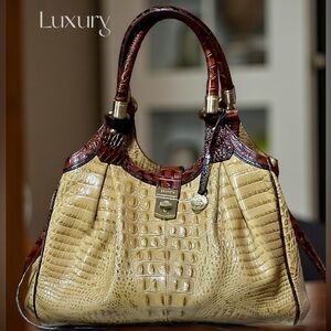 Brahmin Celia,large croc embossed leather shoulder bag,toasted almond,two tone